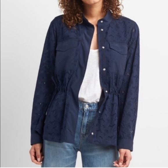 GAP Jackets & Blazers - Gap Navy Floral Eyelet Utility lined Navy Jacket Drawstring Waist sz L